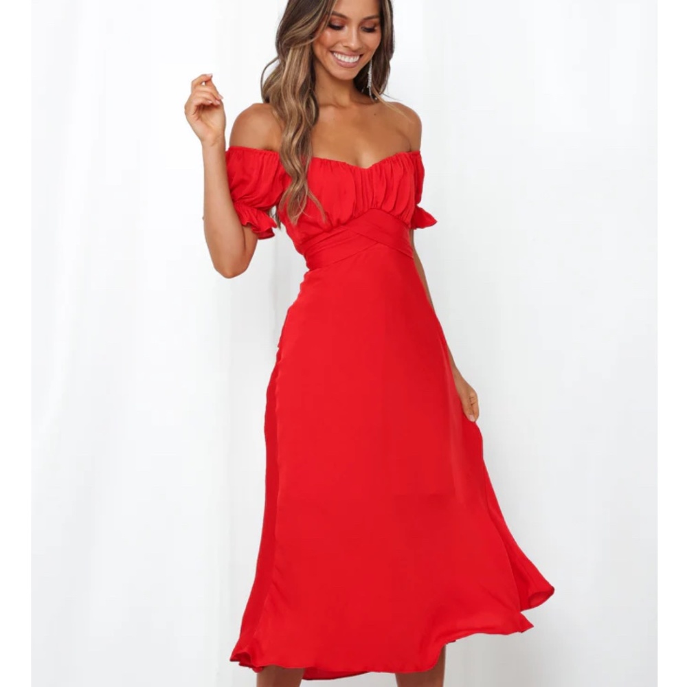 ModCloth Off the Shoulder Red Satin Dress- wedding guest dress
